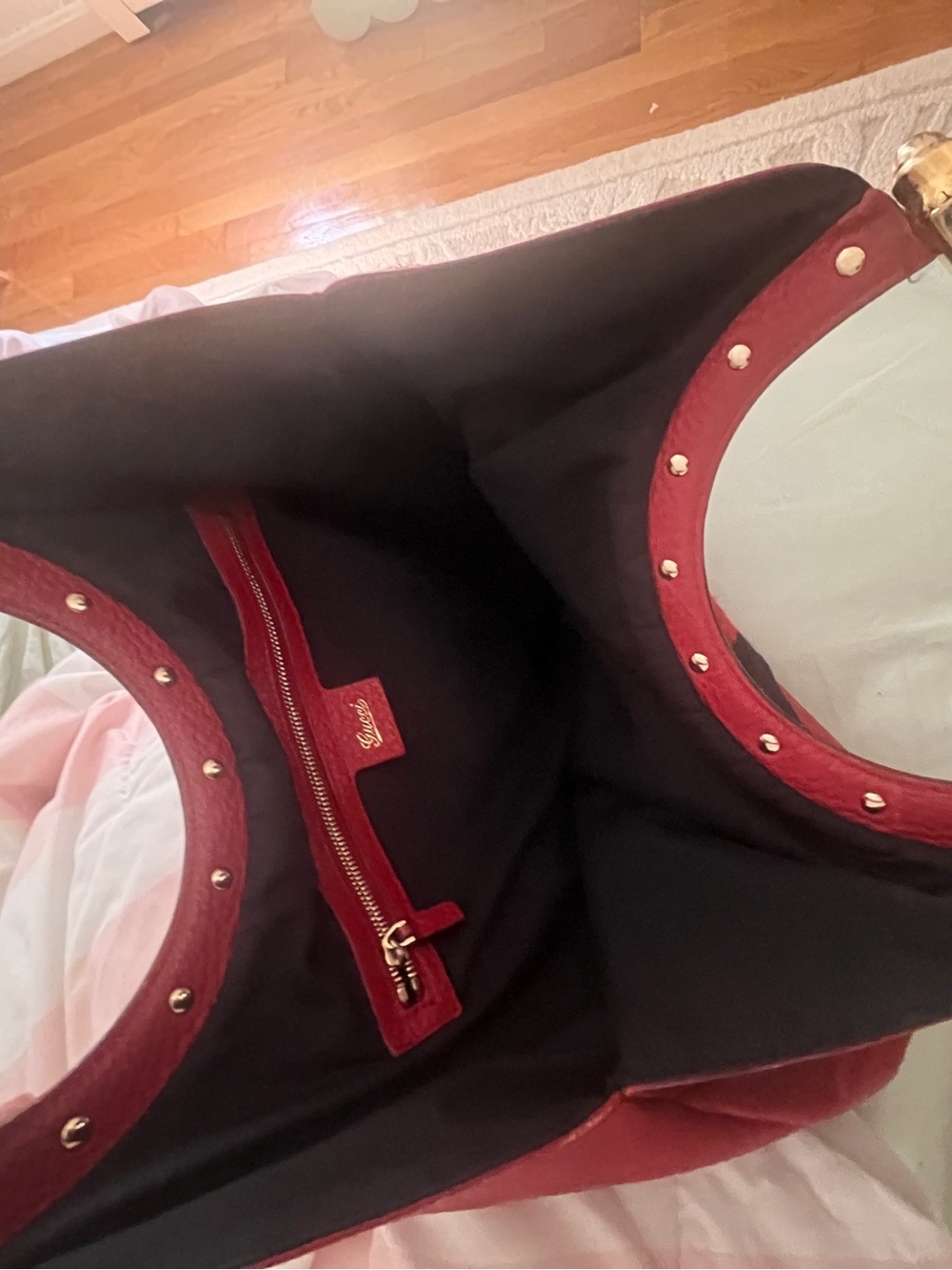 Gucci Large Red Leather Tote with navy Stripe Detailing - Picture 4 of 6